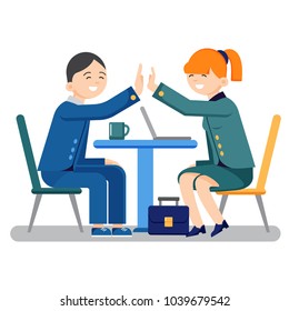 Young business man and woman congratulating each other as they sit working at a table giving a high fives gesture with their hands as they celebrate a business success, vector illustration