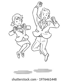 Young business man and woman to jump