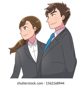 Young business man and woman look into the distance with a smile. She is confident.