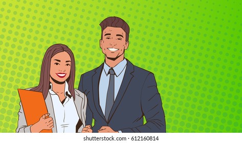 Young Business Man And Woman Over Pop Art Colorful Retro Style Background Vector Illustration