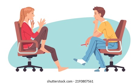 Young business man, woman team or friends discussing startup project informally at home office. Relaxed colleagues partners persons talking together. Informal meeting flat vector illustration