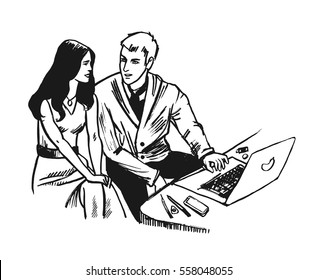 Young Business man and woman working together sitting at one desk with notebook. Sketch hand drawn style black color vector illustration.