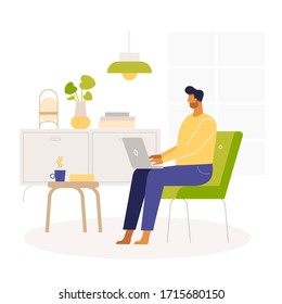 Young business man work at home.  Remove work and freelance. Vector cartoon character. Illustration in flat design. White background, isolated