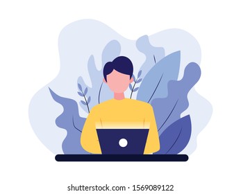 Young business man working with his laptop in the office or home. Freelance job. Flat style vector illustration. Can be use for website banner, infographic, slide presentation, etc.