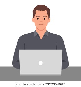 Young business man working with his laptop in the office or home, employee, freelancer. Flat vector illustration isolated on white background