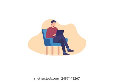 Young business man working with his laptop in the office or home, employee, freelancer. Flat vector illustration isolated on white background