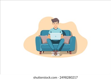 Young business man working with his laptop in the office or home, employee, freelancer. Flat vector illustration isolated on white background