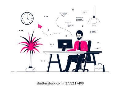 Young business man working on computer at the desk in office. Flat style line art illustration