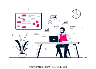 Young business man working on laptop at the desk in office. Flat style line art illustration