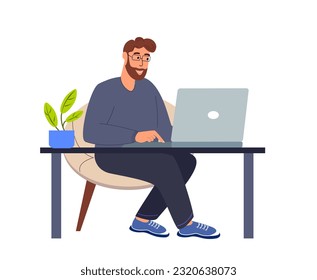 Joven empresario trabajando en línea en un portátil.Autor independiente o escritor sentado en la mesa y trabajando a distancia en el hogar con computadora.Ilustración de vectores planos aislada en fondo blanco