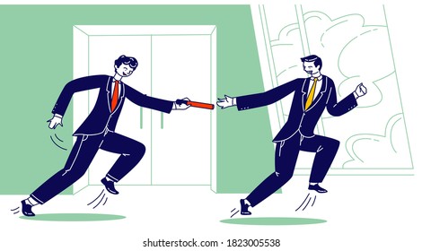 Young Business Men Characters in Formal Suits Running Relay Race with Baton in Office Hallway. Leadership, Teamwork Goal Achievement, Corporate Team Competition. Linear People Vector Illustration