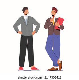 Young Business Men Conversation, Meeting, Thinking Isolated on White Background. Confident Male Characters in Formal Suits Communicate, Develop Idea, Share Gossips. Cartoon Vector Illustration