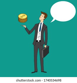 Young business men are making money,phone and look at the time.Vector illustration