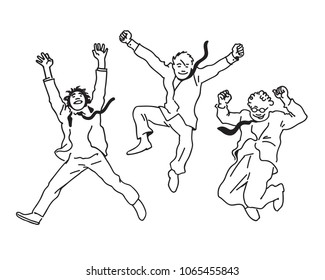 Young business men in suits jumping. Happy team jump high. Office people celebrating victory. Success teamwork concept. Hand drawn sketch vector illustration isolated on white background.