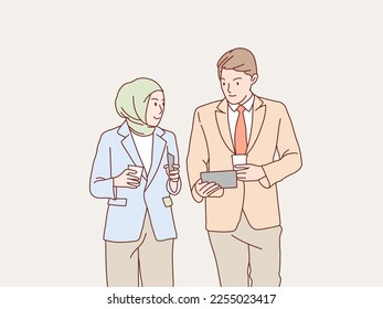 Young business muslim woman and business man walking and discussing simple korean style illustration