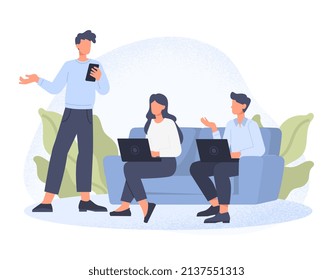 Young business online. Modern technology and digital world, young characters on couch. Comfort and coziness, partnership and coworking, freelancers, entrepreneurs. Cartoon flat vector illustration