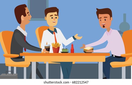 Young business people having lunch together. Colleagues eating in office during lunch break concept illustration vector.
