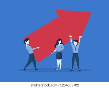 Young business people holding red arrow pointing up as a metaphor of growth and success. Business progress. Isolated flat vector illustration