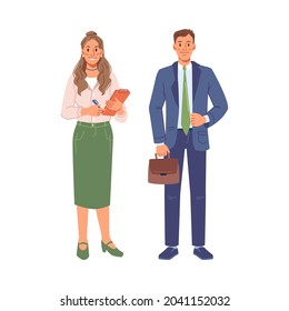 Young business people isolated flat cartoon man and woman. Vector executive workers in suits, happy employers in casual formal cloth. Businessman with briefcase and businesswoman, managers team staff