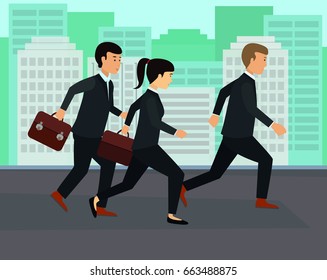 Young business people running in black suits for work. Hurrying businesspeople time concept illustration vector.
