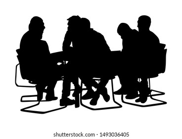 Young business people sitting and talking about new idea silhouette. IT partners meeting. Relaxation after work. Desk table chairs.  Group of friends drinking in bar. Social live. Brain storming team.