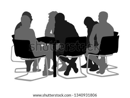 Young business people sitting and talking about new idea silhouette. IT partners meeting. Relaxation after work. Desk table chairs.  Group of friends drinking in bar. Social live. Brain storming team.