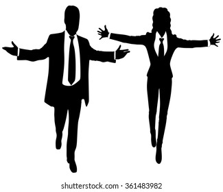 Young business people smiling with arms open
