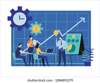 Young business people team. vector illustration.
planning project strategy banner concept.
sharing ideas, preparing presentations, coaching
women and men using laptop.
flat cartoon character design