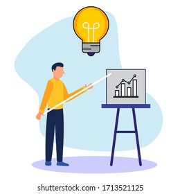 Young business people who are full of ideas stand near the flip chart and point to the charts and diagrams. Creative business concept. Office interiors. Modern vector illustration. Flat design.