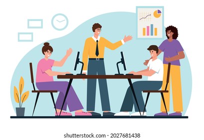 Young business people working together in office or coworking place. Male and female characters. Business Analysis, planning or startup concept. Vector illustration.