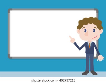young business person character pointing whiteboard, vector illustration