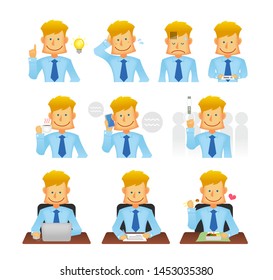 Young business person vector flat illustration set (upper body) / various business situations (commuting, coffee break, working with computer, talking on phone etc.)