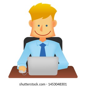 Young business person vector flat illustration (upper body) / working with a laptop computer