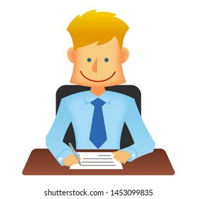 Young business person vector flat illustration (upper body) / writing document ,paper, memo.