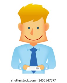 Young business person vector flat illustration (upper body) / exchanging business cards