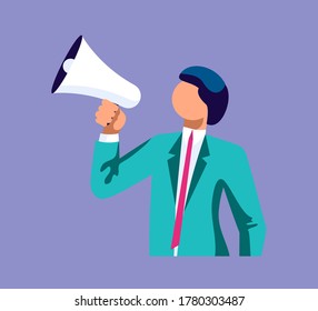 Young business speaks a leadership speech into a shout or a megaphone. The announcement of good news. Isolated on purple. Flat Art Vector Illustration