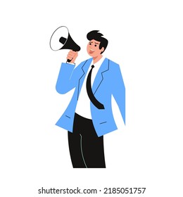 Young business speaks a leadership speech into a shout or a megaphone. The announcement of good news. Flat Art Vector Illustration