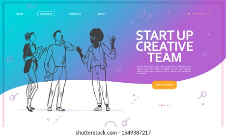 Young business, start up creative team, office people discussing, brainstorming, celebrating. Hand drawn sketch style. Web page design temple, UI, mobile app. Vector illustration.