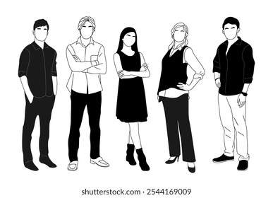 Young business team members, men and women standing in smart casual office outfits. Outline sketch style drawing isolated on white background.