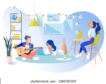 Young Business Team at Work Rest in Modern Coworking Office Vector Cartoon Informal Communications in Cooperation Center Man Play Guitar Woman Type Laptop Girl Drink Cocktail Lazy Workers Illustration