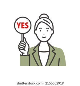 A young business woman with an answer tag. The answer is yes.