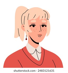 Mujer de negocios joven con el avatar rubio del pelo. Cara femenina, retrato de la muchacha para el perfil de usuario. Empleado de oficina, empleado con pendientes, cola de caballo. Ilustración vectorial aislada plana sobre fondo blanco