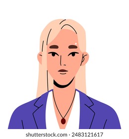 Young business woman with blonde long hair avatar. Female face with neutral emotions. Girl with piercing portrait. User profile of office worker, employee. Flat isolated vector illustration on white