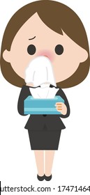 Young Business Woman Blow One's Nose Into A Tissue. Vector Illustration.  