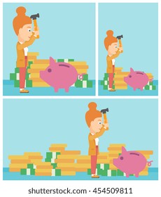 Young business woman breaking piggy bank on a blue background with stacks of coins. Concept of business bankruptcy. Vector flat design illustration. Square, horizontal, vertical layouts.