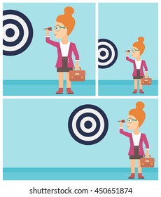 Young business woman with a briefcase aiming at a target board. Vector flat design illustration. Square, horizontal, vertical layouts.