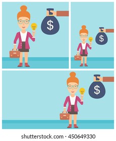 Young business woman with briefcase exchanging her idea bulb to money bag. Successful business idea concept. Vector flat design illustration. Square, horizontal, vertical layouts.
