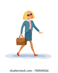 Young business woman with briefcase goes to her own success. Girl in business style suit, blonde haired, in a red shoes with high heels and sunglasses