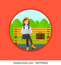 Young business woman with briefcase working in the park. Woman working on a laptop. Business woman sitting on a bench with laptop. Vector flat design illustration in the circle isolated on background.