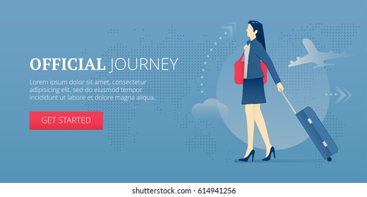 Young business woman carrying her suitcase on wheels in a business travel. Vector illustration of business travel. Banner template of official journey